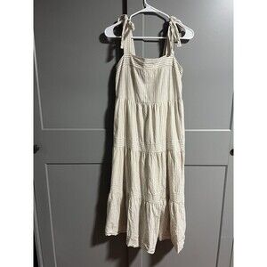 By The River Women Midi Tier Stripe Dress Beige White Medium Cottagecore Peasant